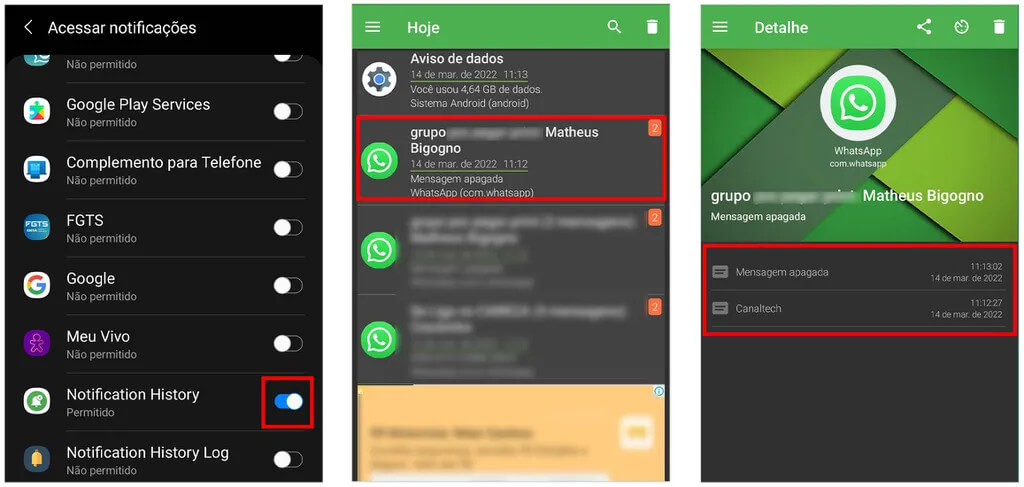 como ver mensagem apagada no WhatsApp no Notification History