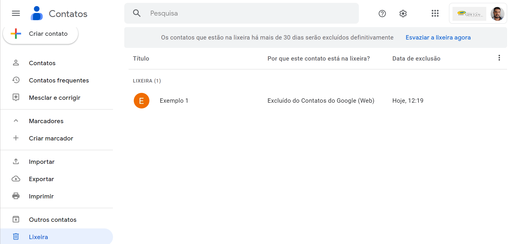 recuperar contatos do WhatsApp procurando Lixeira do Google