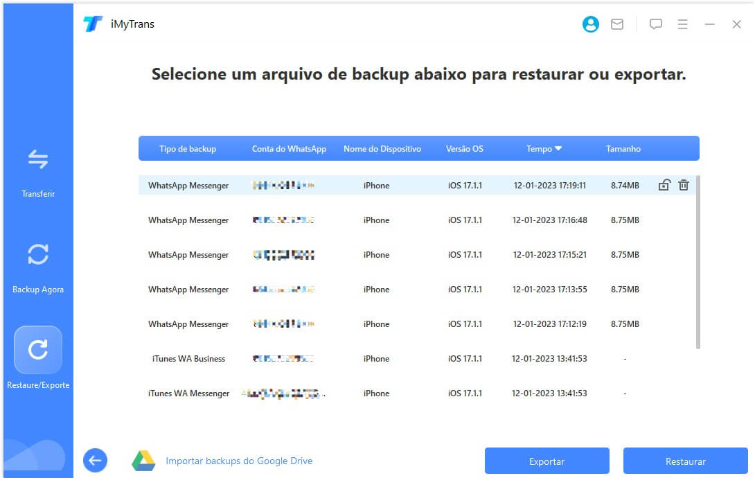Escolha um backup e conecte seu dispositivo