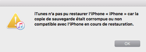 iTunes n'a pas pu restaurer l'iPhone car la copie de sauvegarde était corrompu