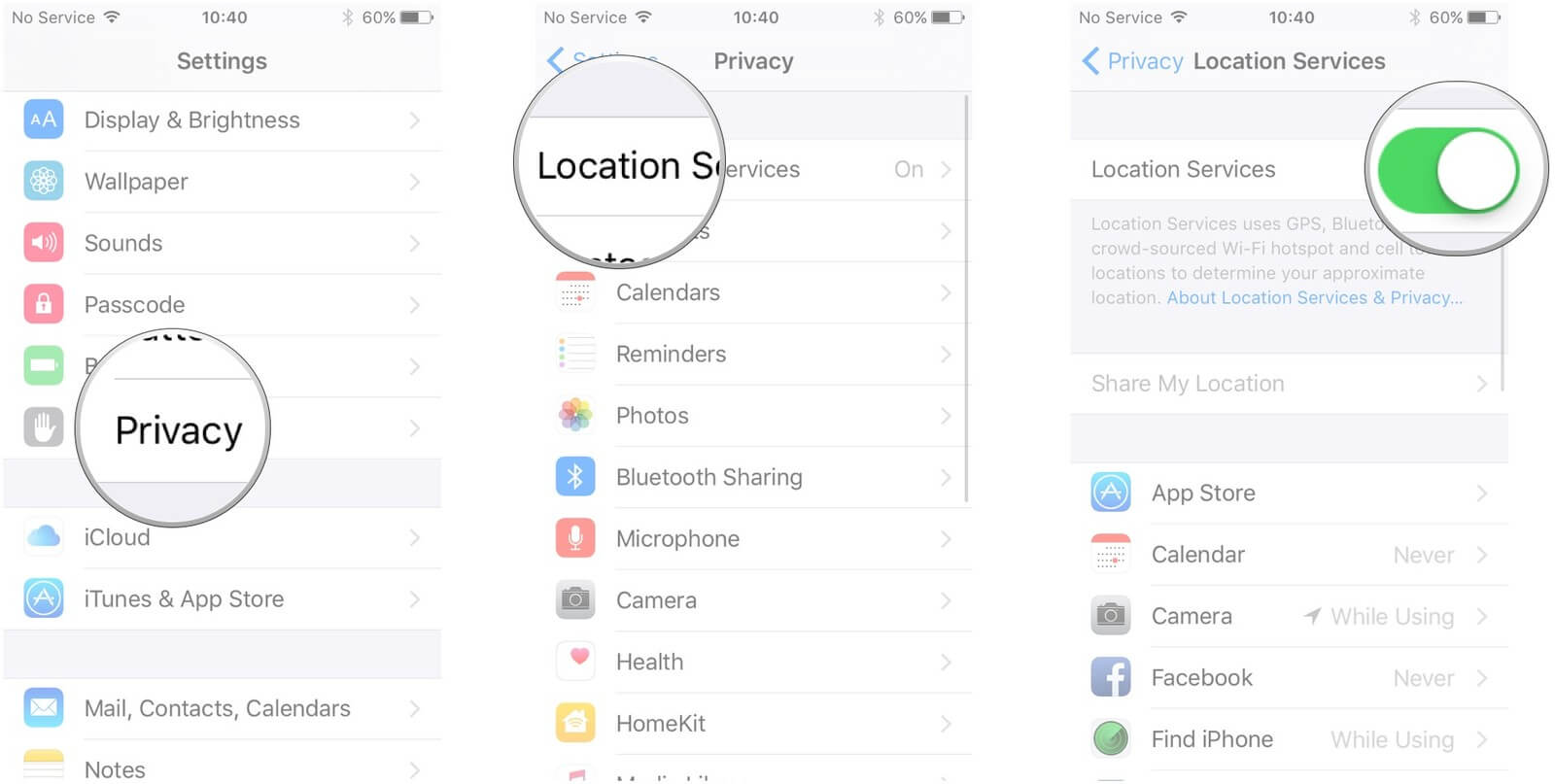 désactiver le service de localisation de l'appareil photo 