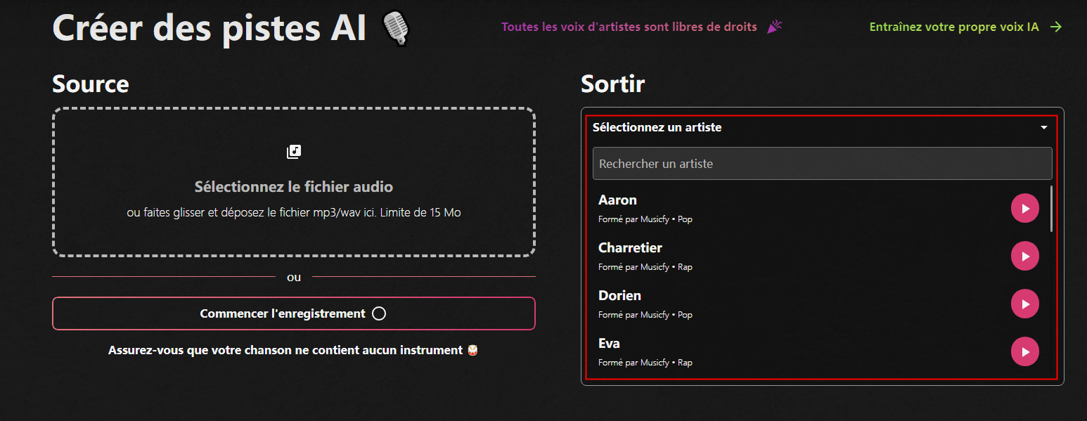 choisissez un artiste dans la liste pour remplacer la voix de chanteur
