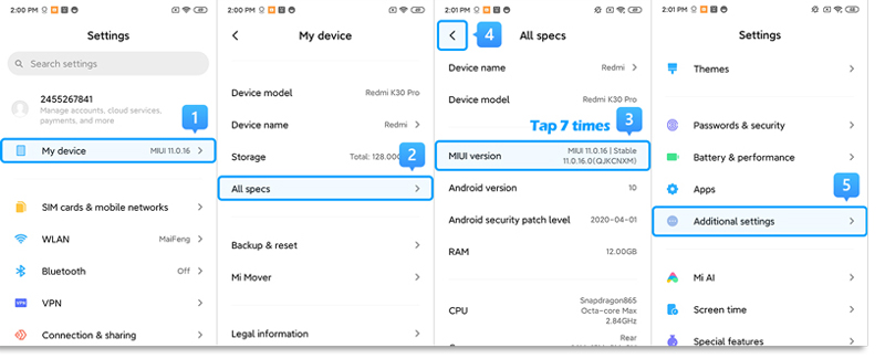 activer le débogage usb sur un xiaomi exécutant MIUI 11 étape 1