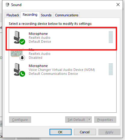 sélectionnez le microphone dans l'enregistrement