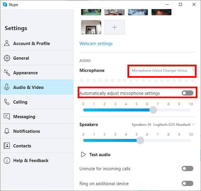 sélectionner le périphérique audio virtuel du changeur de voix dans skype
