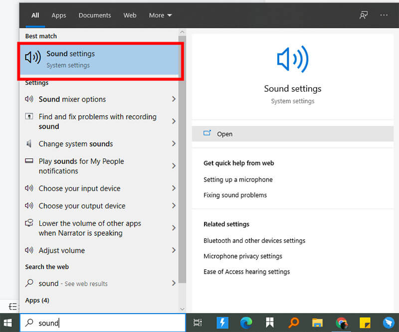 tapez son dans la barre de recherche de Windows
