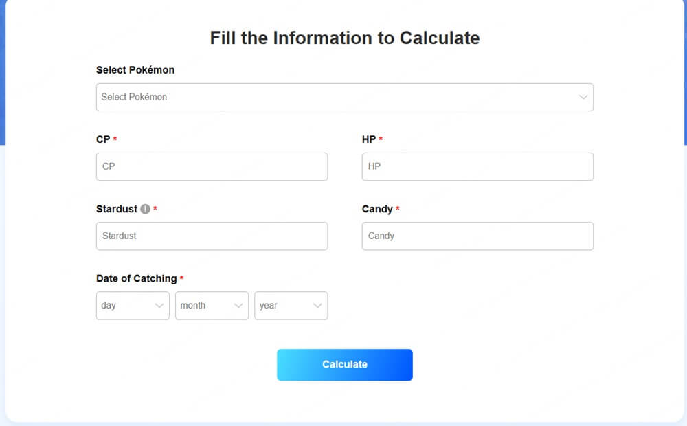 Pokémon GO IV kalkulátort felület