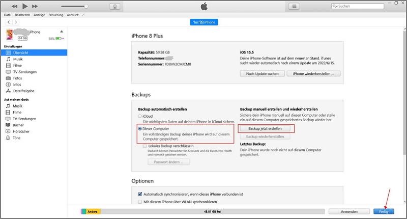 Fotos von gesperrtem iPhone retten mit iTunes
