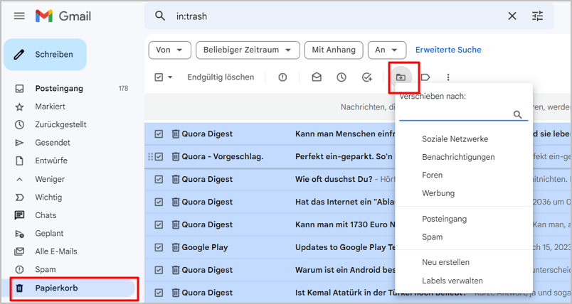 google mail gelöschte email aus papierkorb wiederherstellen
