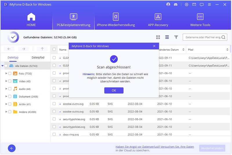 D-Back for Windows scannt die ausgewählte Festplatte