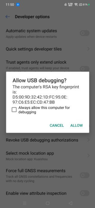 Tillad USB-fejlfinding