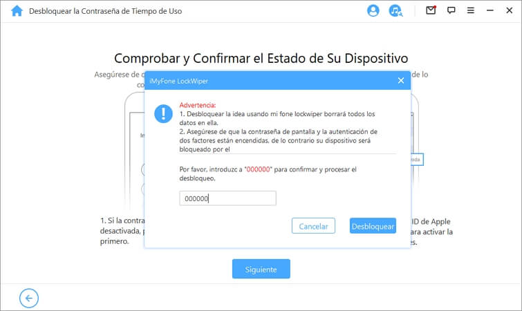 confirmar y iniciar el proceso de desbloqueo