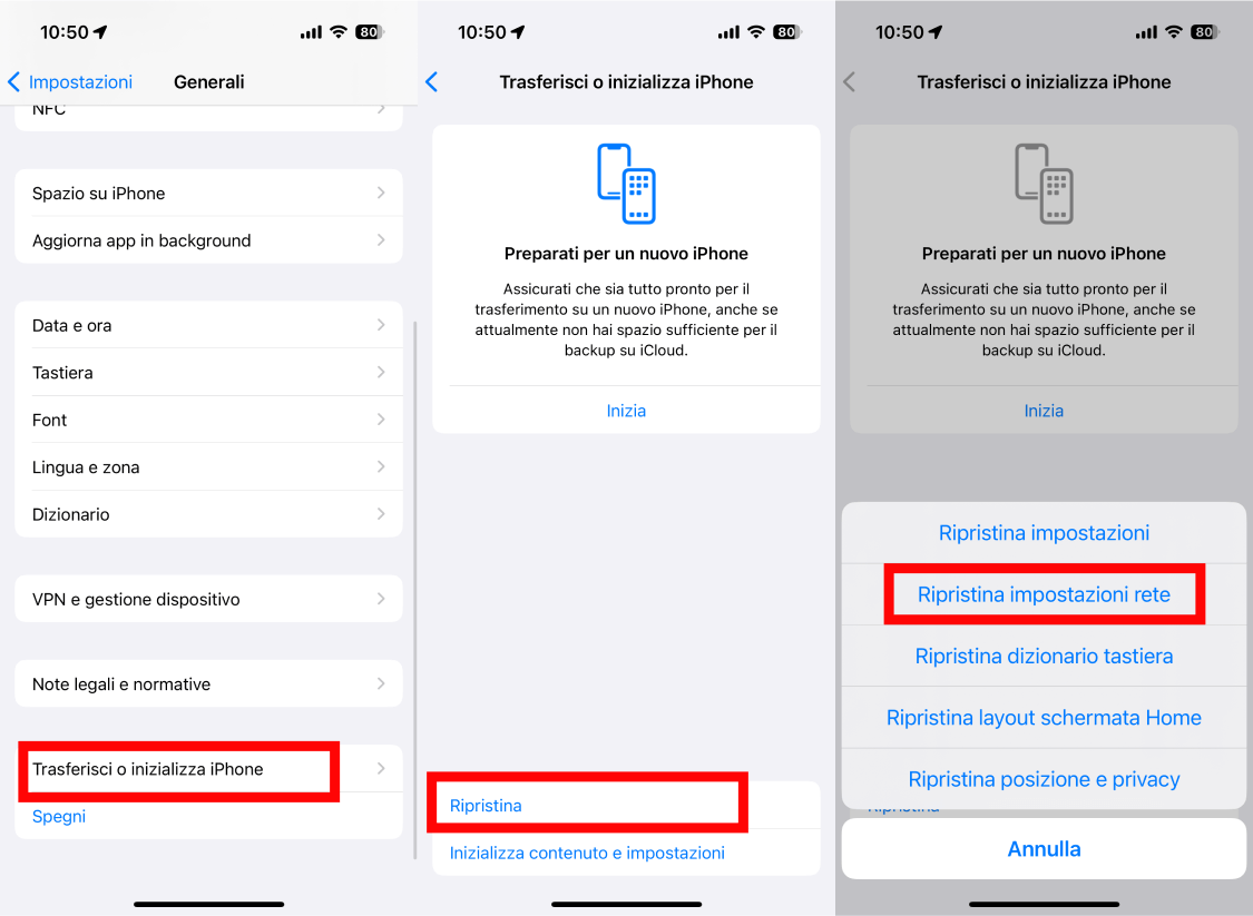 Ripristina le impostazioni di rete dell'iPhone