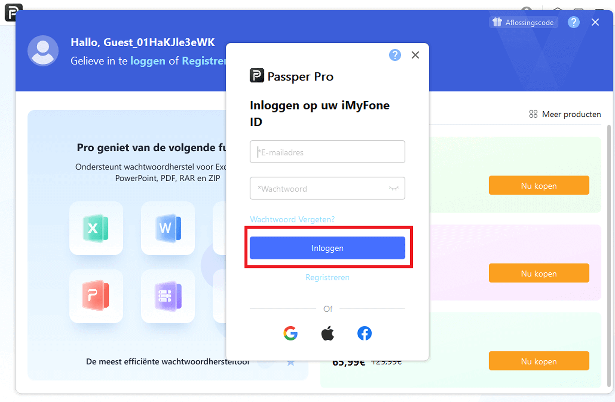 Inloggen op iMyFone-account in Passper Pro